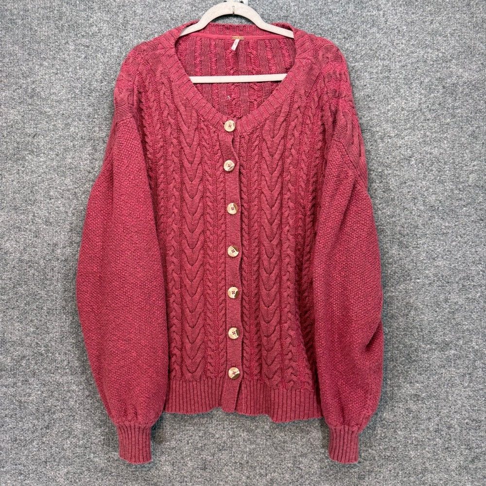 Free People Cardigan Sweater Womens Medium Pink Cable Knit Oversized Boho Chunky